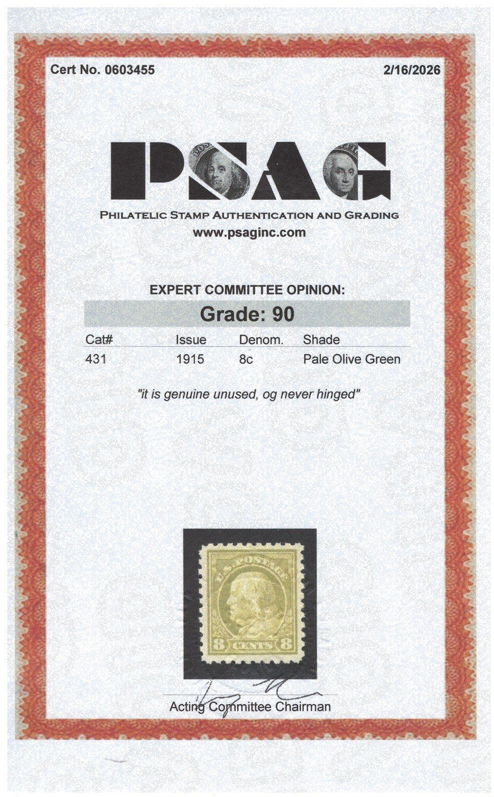 US 431 MNH XF Grade 90 PSAG 1915 8c Pale Olive Green Perf 10 SL Wmk ZAYIX