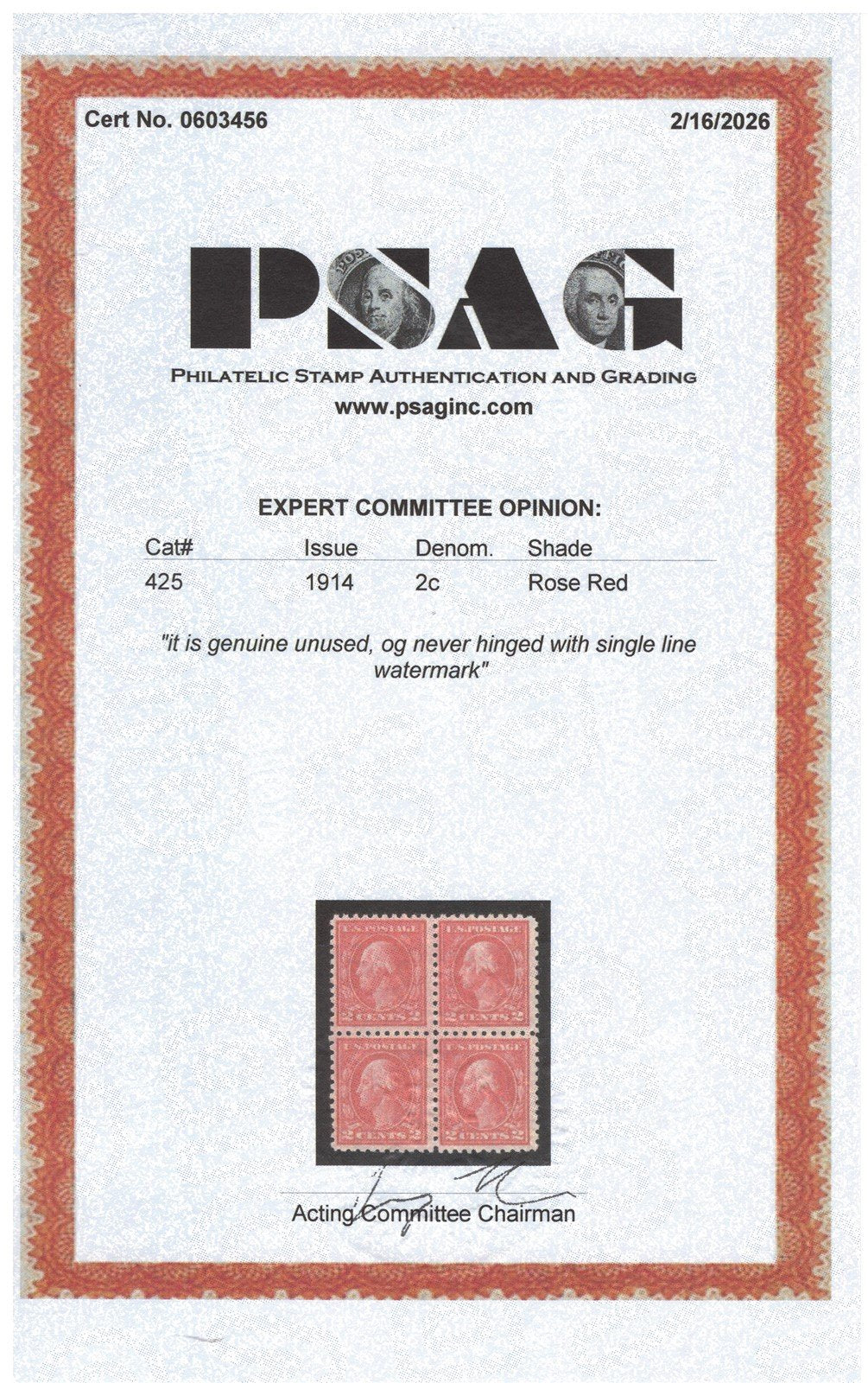 US 425 MNH FVF Block PSAG Cert 1914 2c Rose Red Washington Perf 10 SL WMK ZAYIX