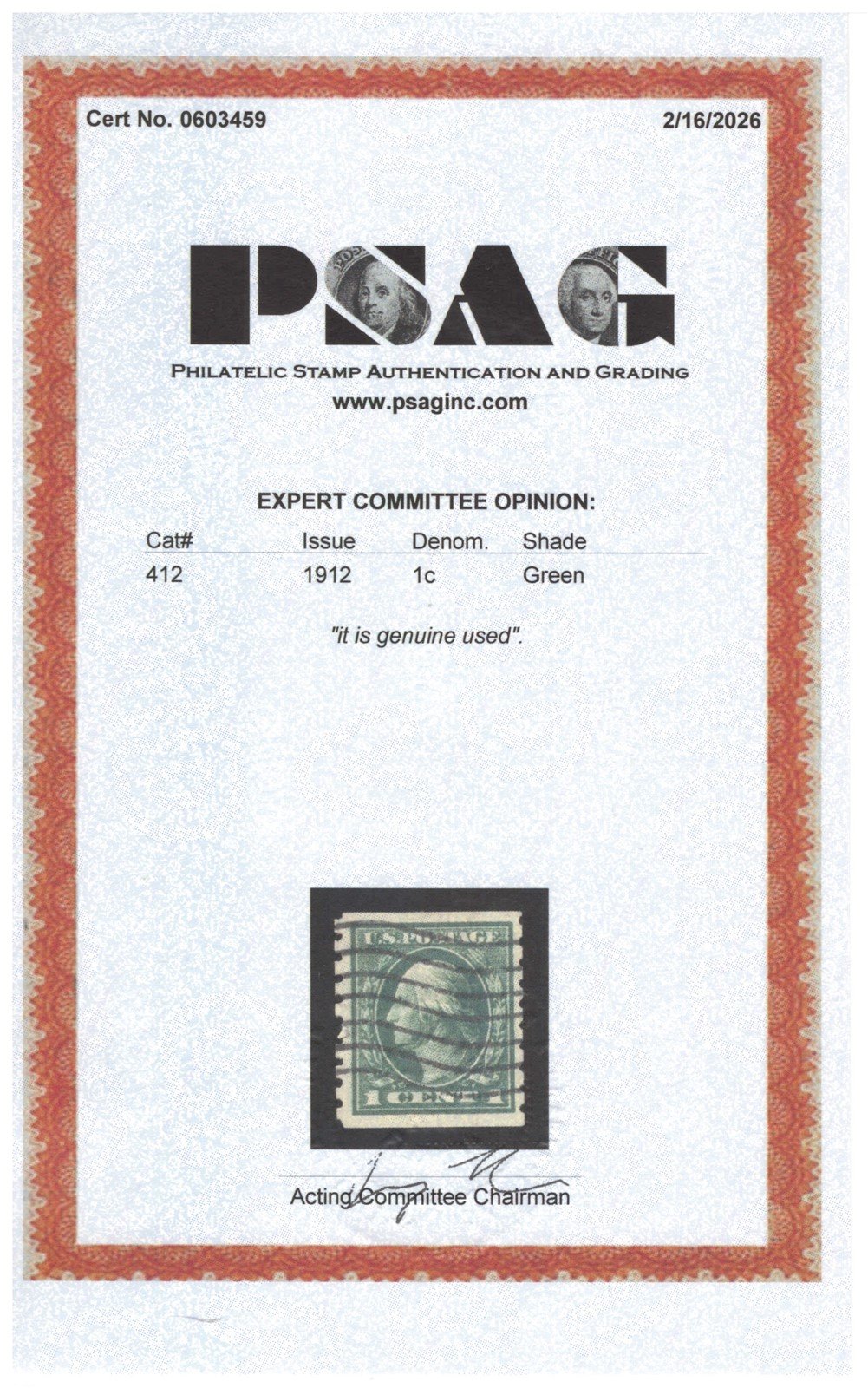 US 412 Used FVF 1912 1c green Washington Perf 8.5 coil SL Wmk ZAYIX
