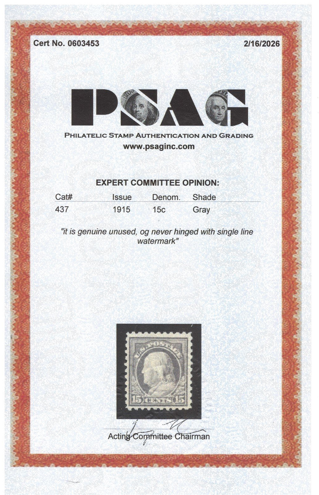 US 437 MNH VF PSAG Cert 1915 15c Gray Franklin Perf 10 SL Wmk ZAYIX