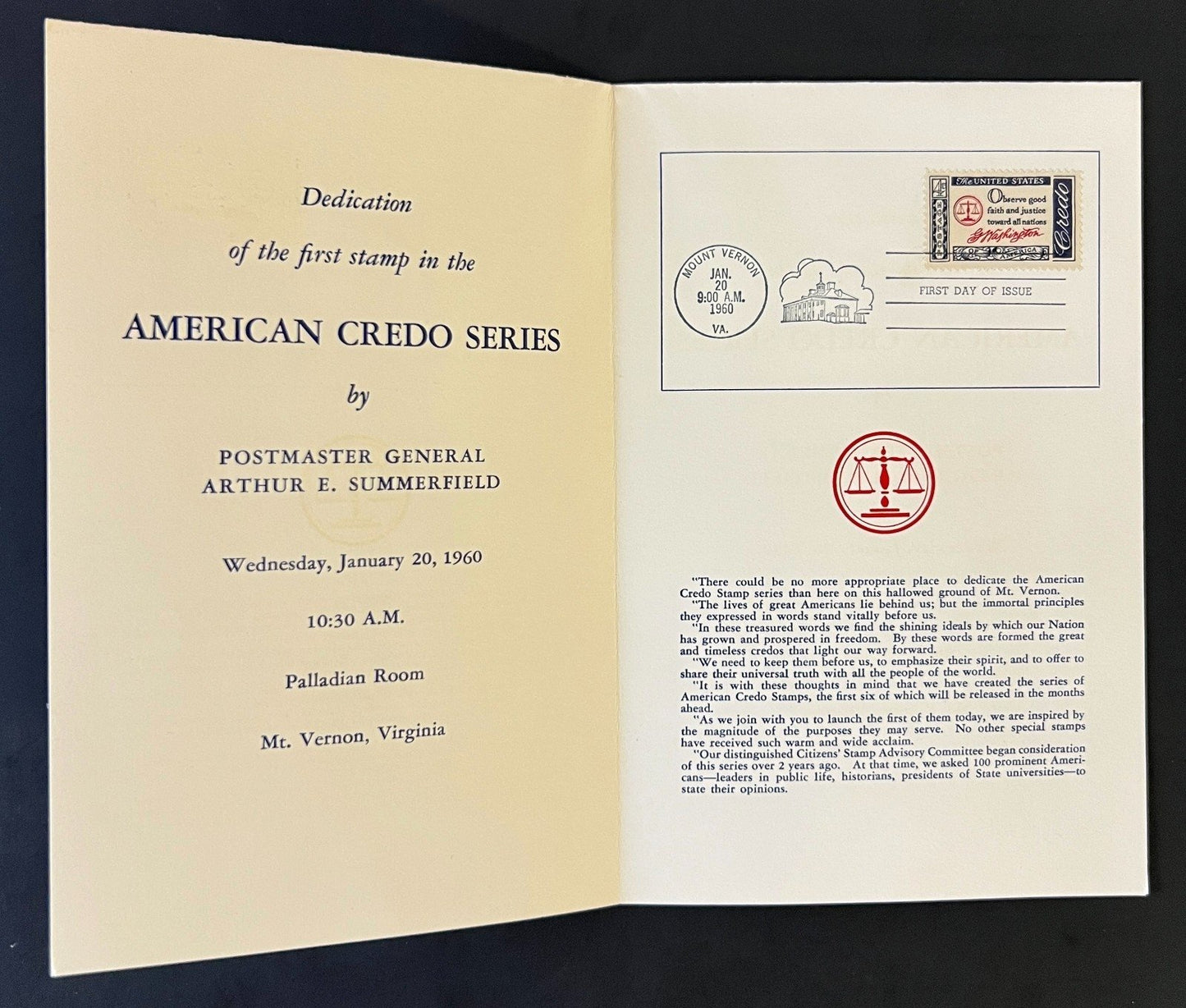 American Credo FDC Ceremony Program Collection 1960 ZAYIX