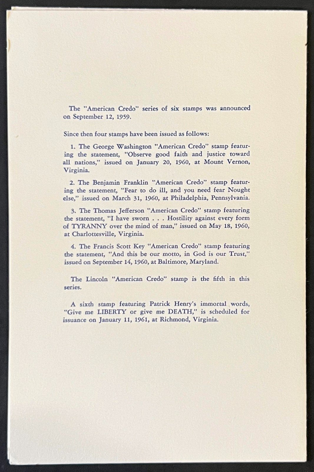 American Credo FDC Ceremony Program Collection 1960 ZAYIX