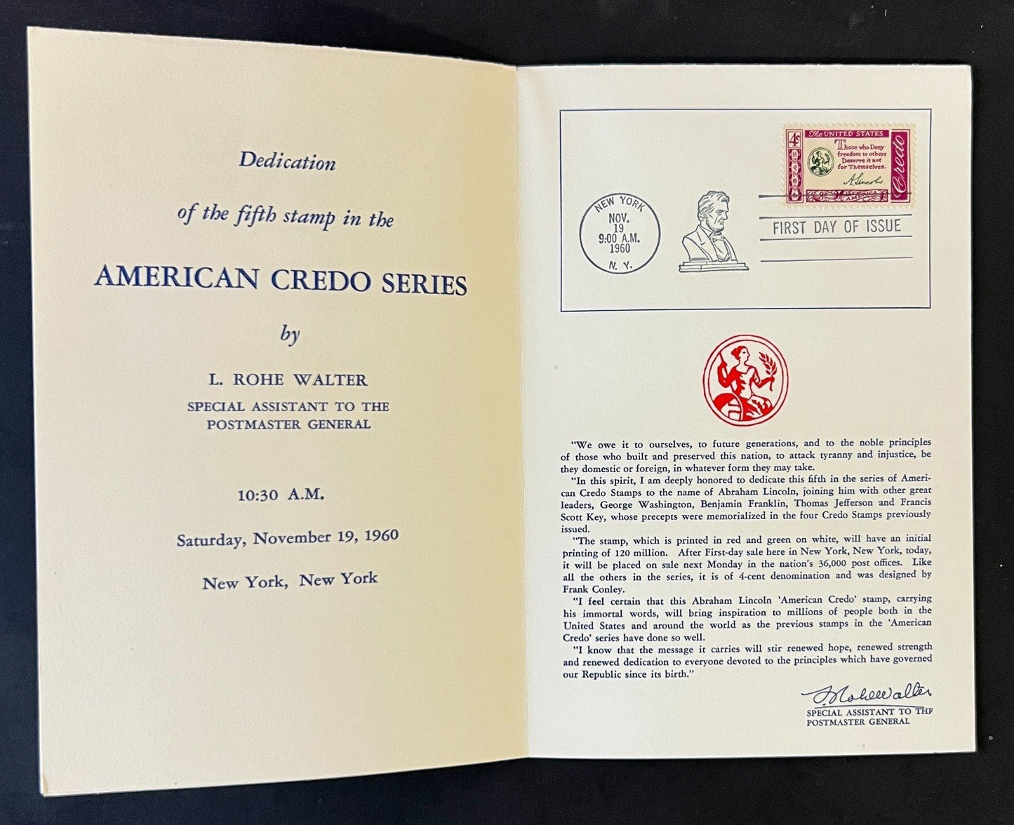 American Credo FDC Ceremony Program Collection 1960 ZAYIX