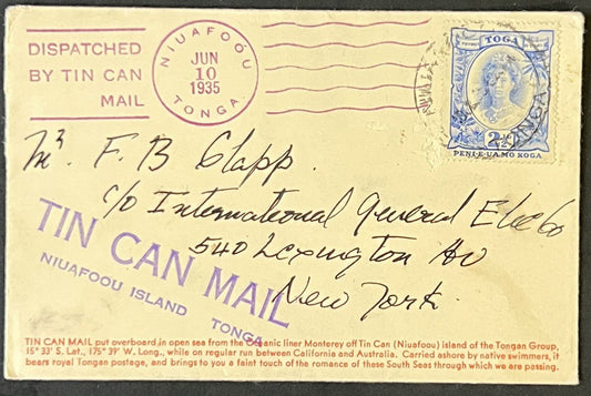 Tin Can Mail Niuafoou Tonga 1935 Cover Carried by Oceanic Liner Monterrey ZAYIX