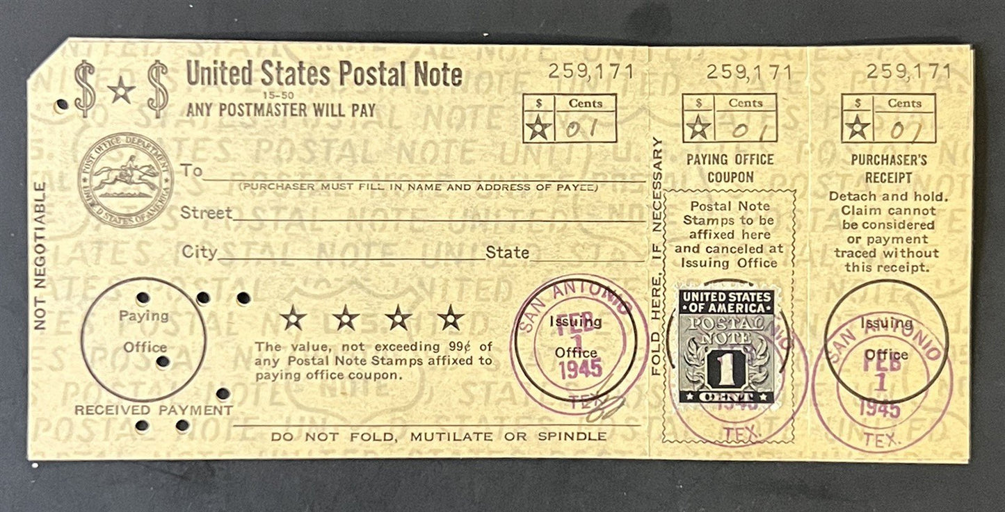 US PN1 1c Postal Note FDC Group, Catalog Value $300+ ZAYIX