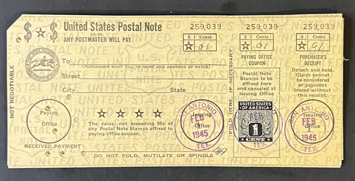 US PN1 1c Postal Note FDC Group, Catalog Value $300+ ZAYIX