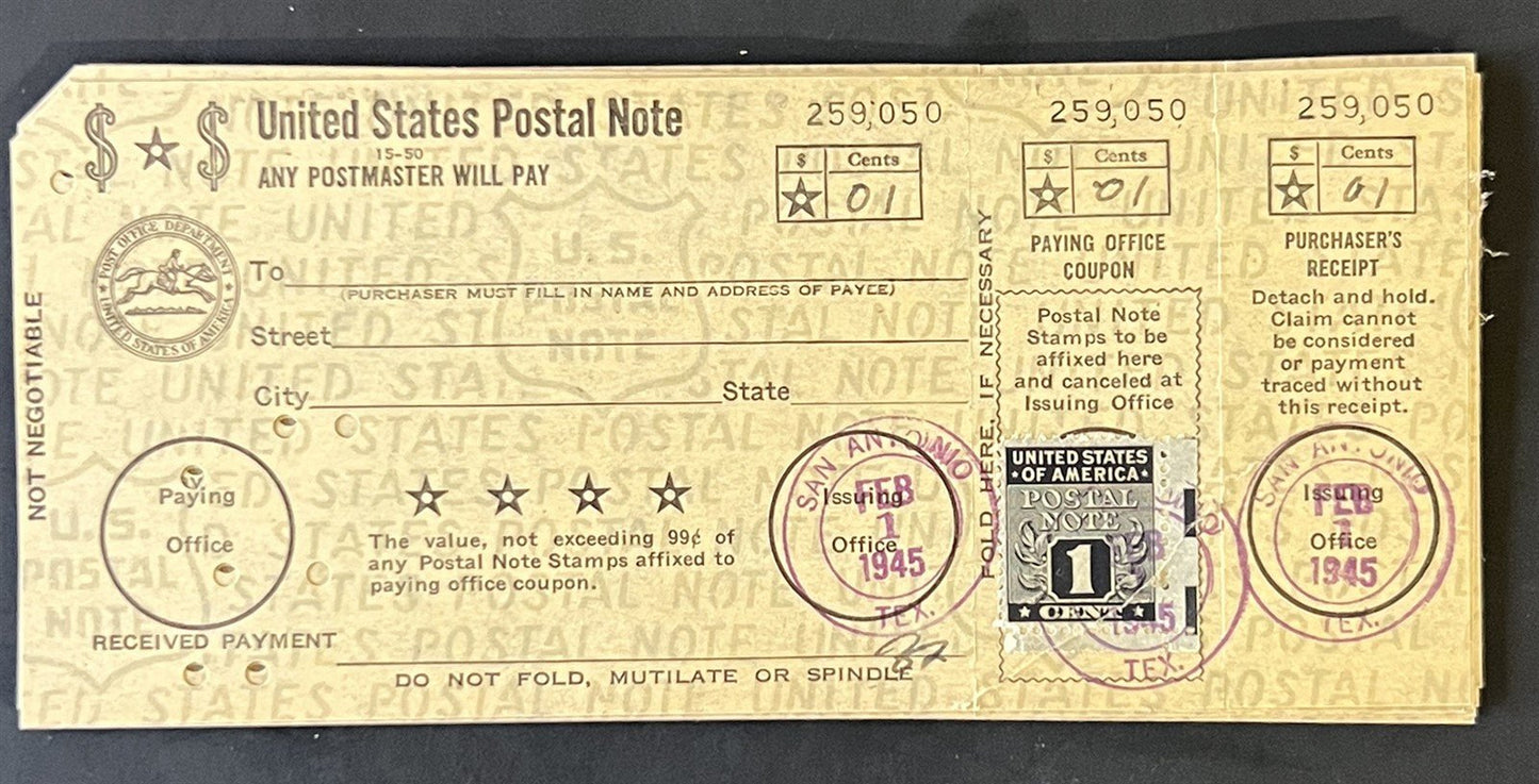 US PN1 1c Postal Note FDC Group, Catalog Value $300+ ZAYIX