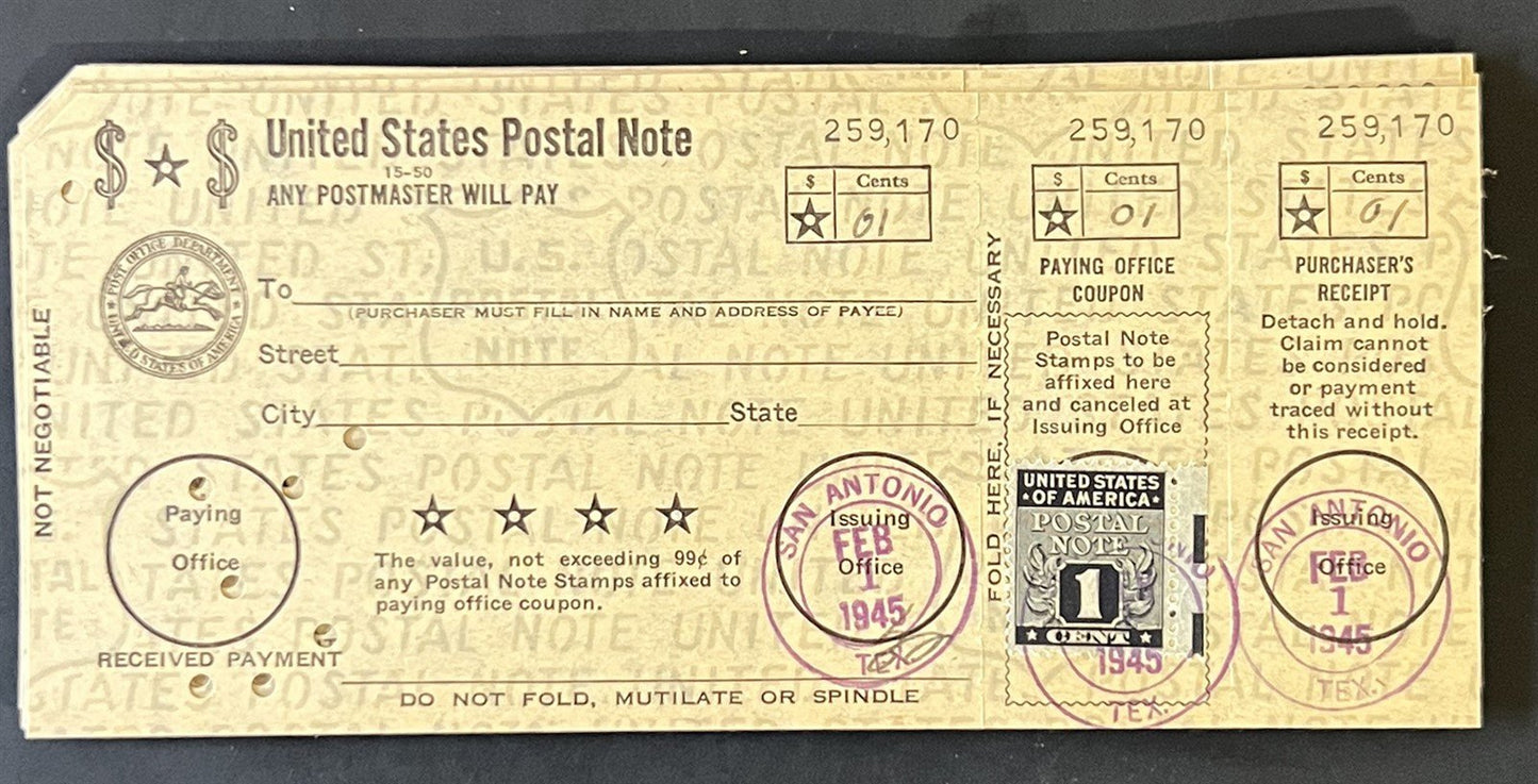 US PN1 1c Postal Note FDC Group, Catalog Value $300+ ZAYIX