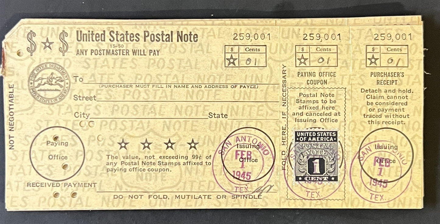 US PN1 1c Postal Note FDC Group, Catalog Value $300+ ZAYIX