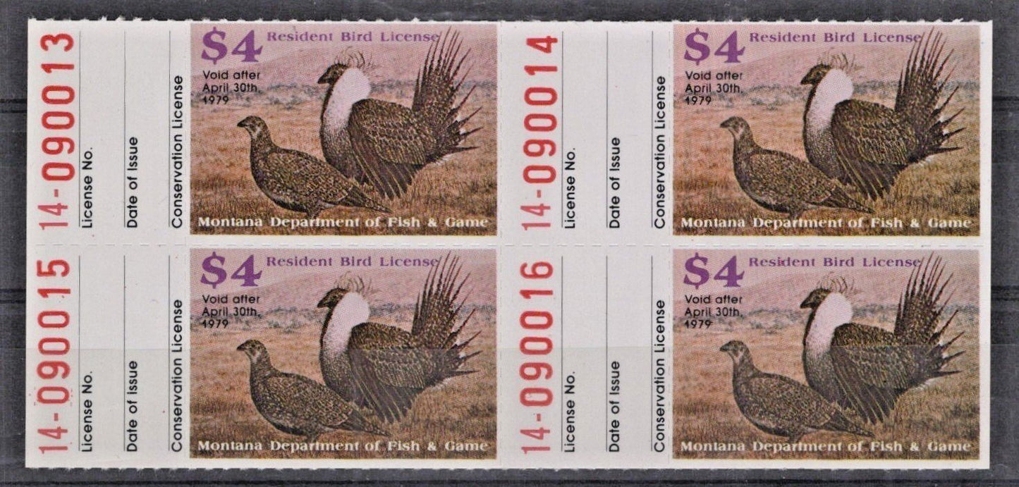 Montana MT-UB10 MNH $4 Upland Bird 1979 Resident License Stamp Block ZAYIX