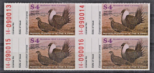 Montana MT-UB10 MNH $4 Upland Bird 1979 Resident License Stamp Block ZAYIX