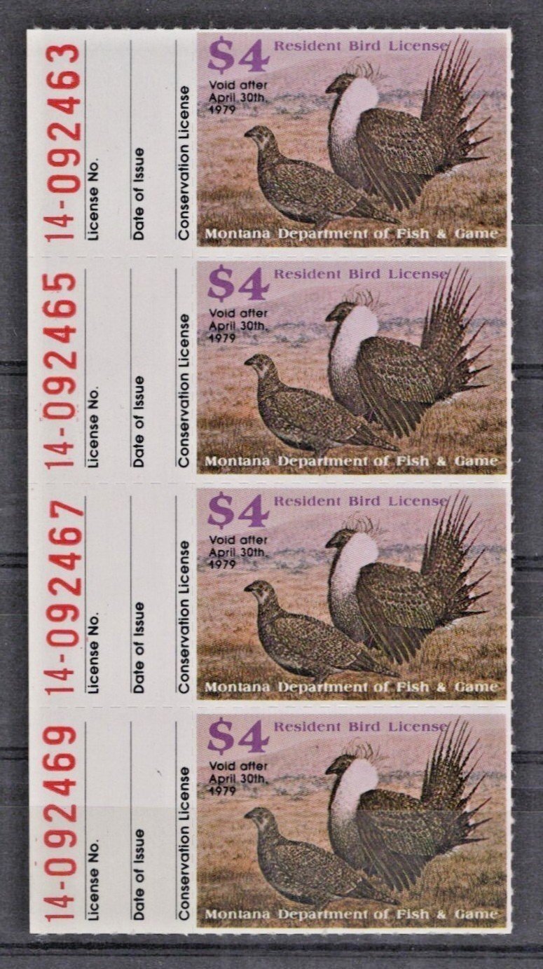 Montana MT-UB10 MNH $4 Upland Bird 1979 Resident License Stamp Strip of 4 ZAYIX