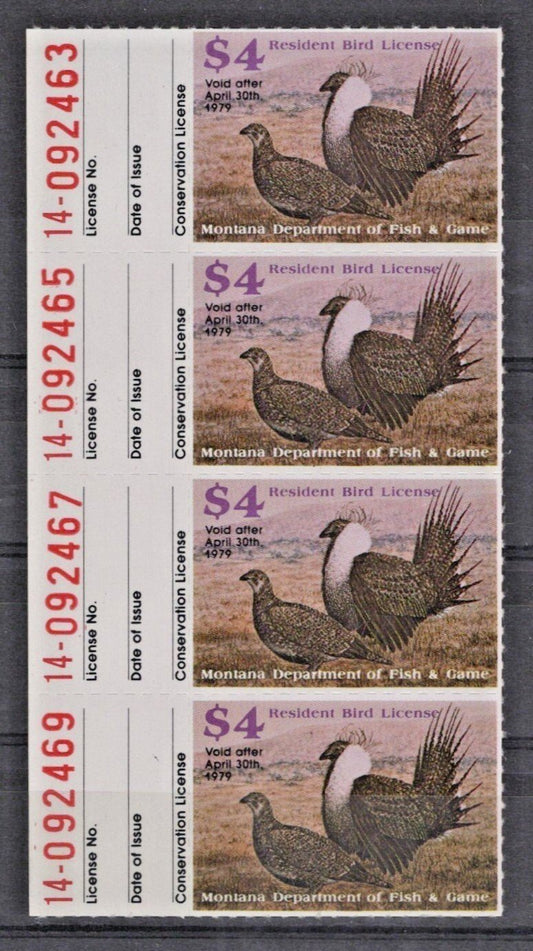Montana MT-UB10 MNH $4 Upland Bird 1979 Resident License Stamp Strip of 4 ZAYIX