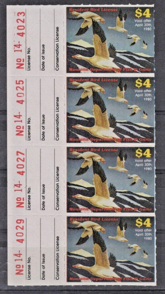 Montana MT-UB11 MNH $4 Upland Bird 1980 Resident License Stamp Strip of 4 ZAYIX