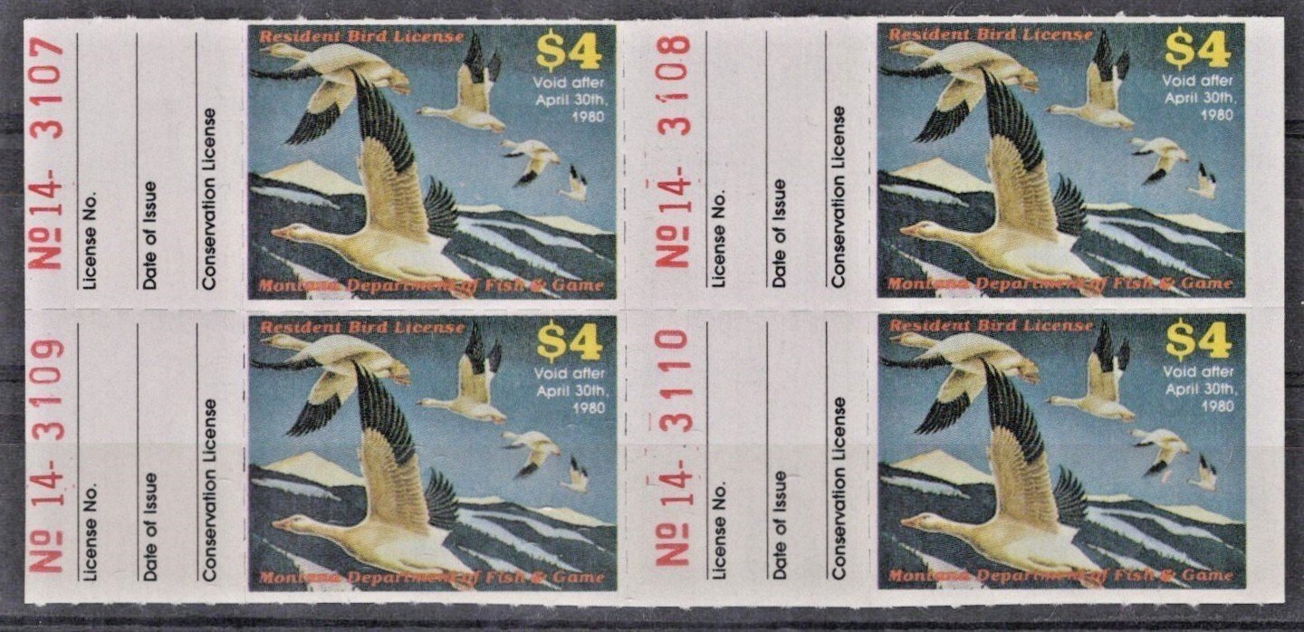 Montana MT-UB11 MNH $4 Upland Bird 1980 Resident License Stamp Block ZAYIX