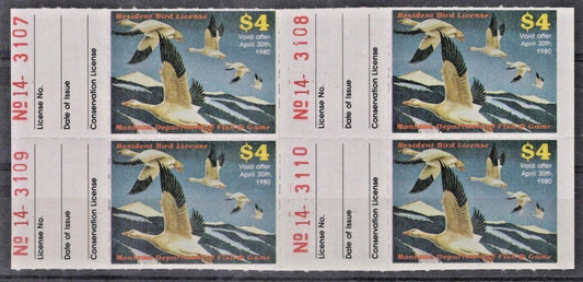Montana MT-UB11 MNH $4 Upland Bird 1980 Resident License Stamp Block ZAYIX