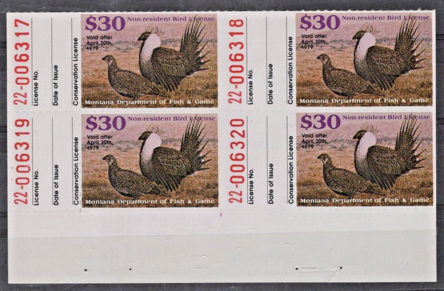 Montana MT-UBN10 MNH $30 Upland Bird 1979 Non-Resident License Stamp Block ZAYIX