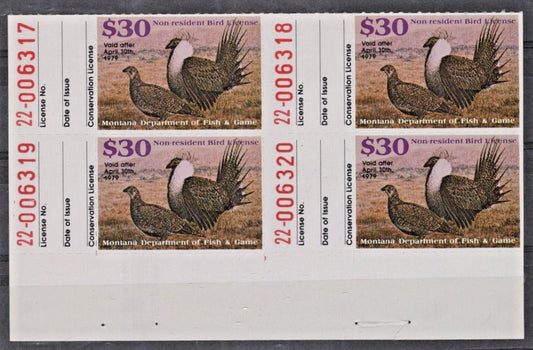 Montana MT-UBN10 MNH $30 Upland Bird 1979 Non-Resident License Stamp Block ZAYIX