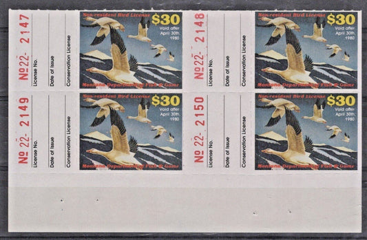 Montana MT-UBN11 MNH $30 Upland Bird 1980 Non-Resident License Stamp Block ZAYIX