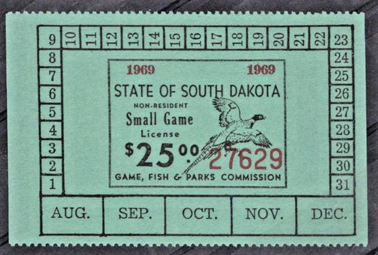 South Dakota SD-SGN10a MNH $25 Small Game 1969 Non-Resident License ZAYIX