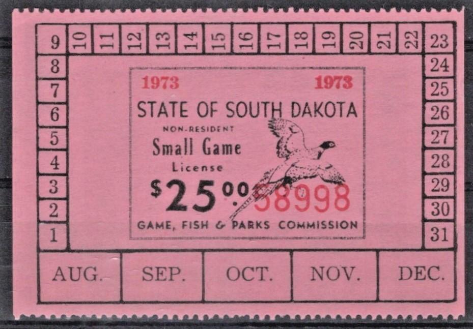 South Dakota SD-SGN14 MNH $25 Small Game 1973 Non-Resident License ZAYIX