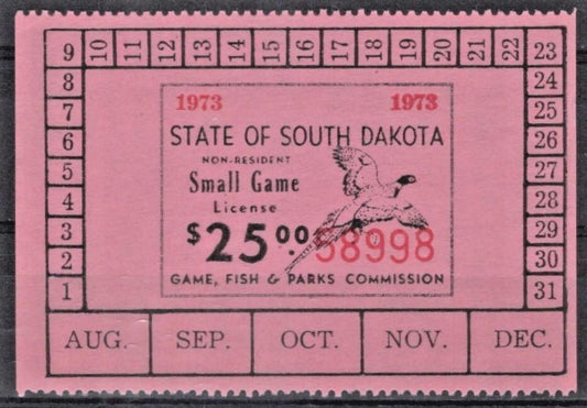 South Dakota SD-SGN14 MNH $25 Small Game 1973 Non-Resident License ZAYIX