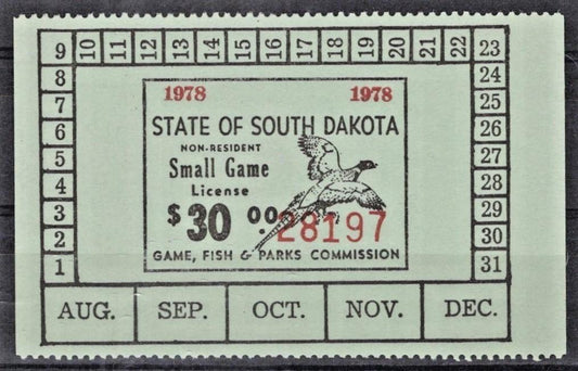 South Dakota SD-SGN19 MNH $30 Small Game 1978 Non-Resident License ZAYIX