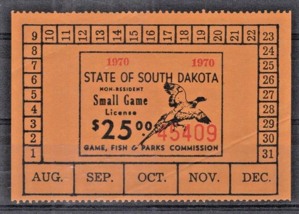 South Dakota SD-SGN11a MNH $25 Small Game 1970 Non-Resident License ZAYIX