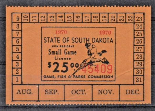 South Dakota SD-SGN11a MNH $25 Small Game 1970 Non-Resident License ZAYIX