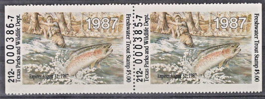 Texas TXT2 MNH $5 Freshwater Trout 1987 Stamp License Pair ZAYIX