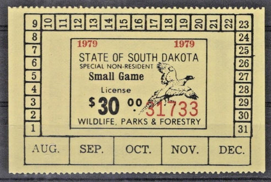 South Dakota SD-SGN20 MNH $30 Small Game 1979 Non-Resident License ZAYIX