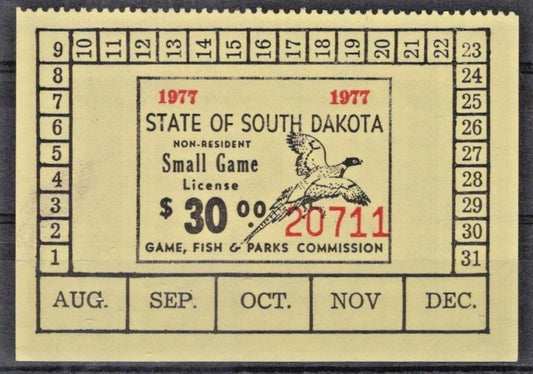 South Dakota SD-SGN18 MNH $30 Small Game 1977 Non-Resident License ZAYIX