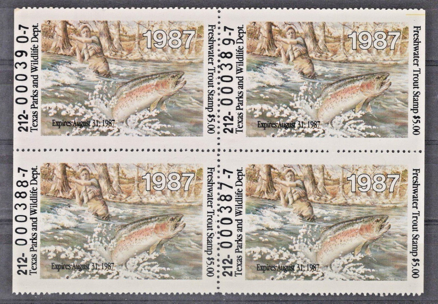 Texas TXT2 MNH $5 Freshwater Trout 1987 Stamp License Block ZAYIX