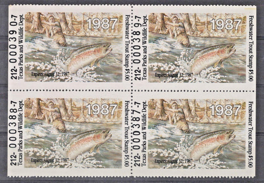 Texas TXT2 MNH $5 Freshwater Trout 1987 Stamp License Block ZAYIX