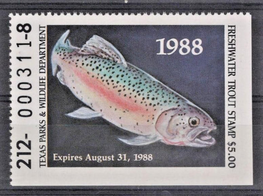 Texas TXT3 MNH $5 Freshwater Trout 1988 Stamp License ZAYIX