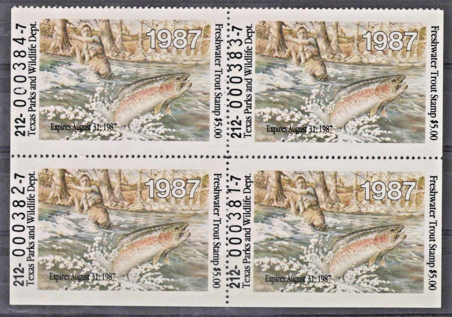 Texas TXT2 MNH $5 Freshwater Trout 1987 Stamp License Block ZAYIX