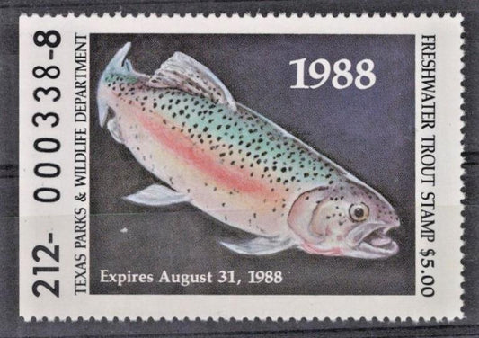 Texas TXT3 MNH $5 Freshwater Trout 1988 Stamp License ZAYIX
