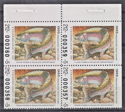 Texas TXT10 MNH $7 Freshwater Trout 1995 Stamp License Block ZAYIX