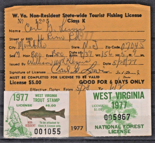 West Virginia WV-TN8, WV-NL6 Used $5, $1 Trout Forestry 1977 Stamp License ZAYIX