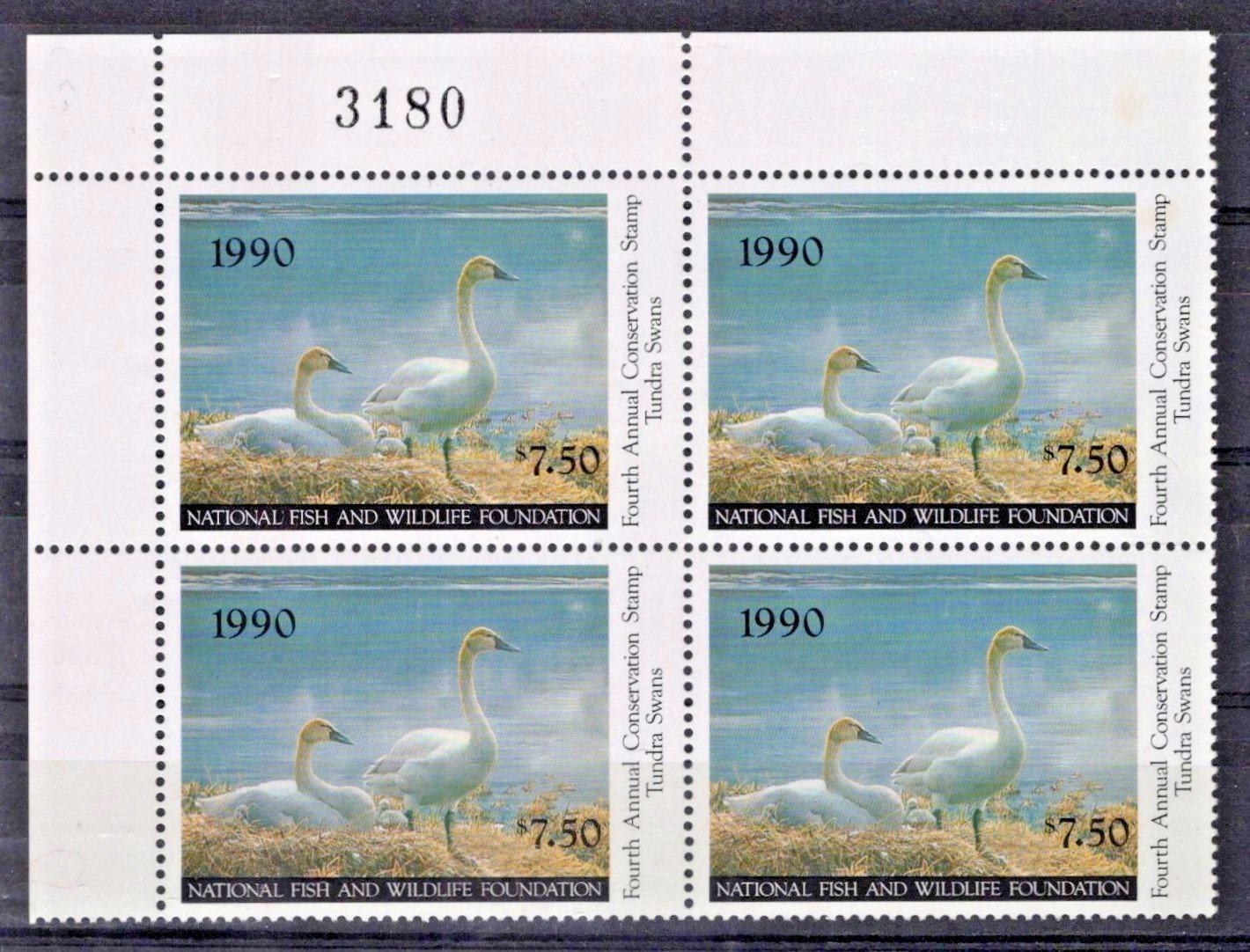 National Fish & Wildlife Foundation Plate Block NFWF4 MNH 1990 $7.50 Swans ZAYIX
