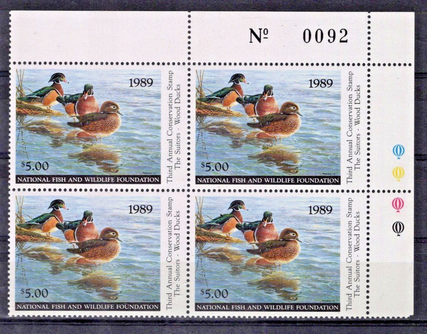 National Fish Wildlife Foundation Plate Block NFWF3 MNH 1989 $5 Wood Ducks ZAYIX