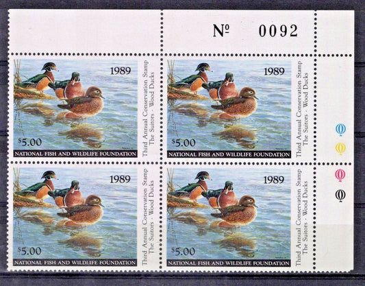 National Fish Wildlife Foundation Plate Block NFWF3 MNH 1989 $5 Wood Ducks ZAYIX