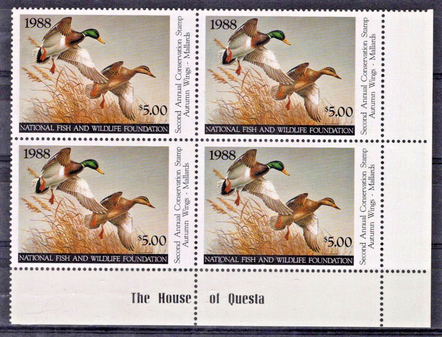 National Fish & Wildlife Inscription Block NFWF2 MNH 1988 $5 Mallards ZAYIX