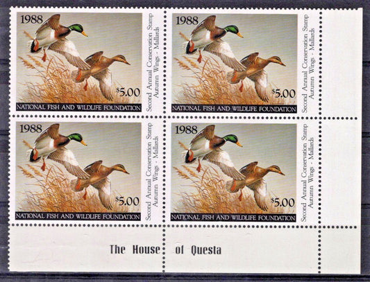 National Fish & Wildlife Inscription Block NFWF2 MNH 1988 $5 Mallards ZAYIX