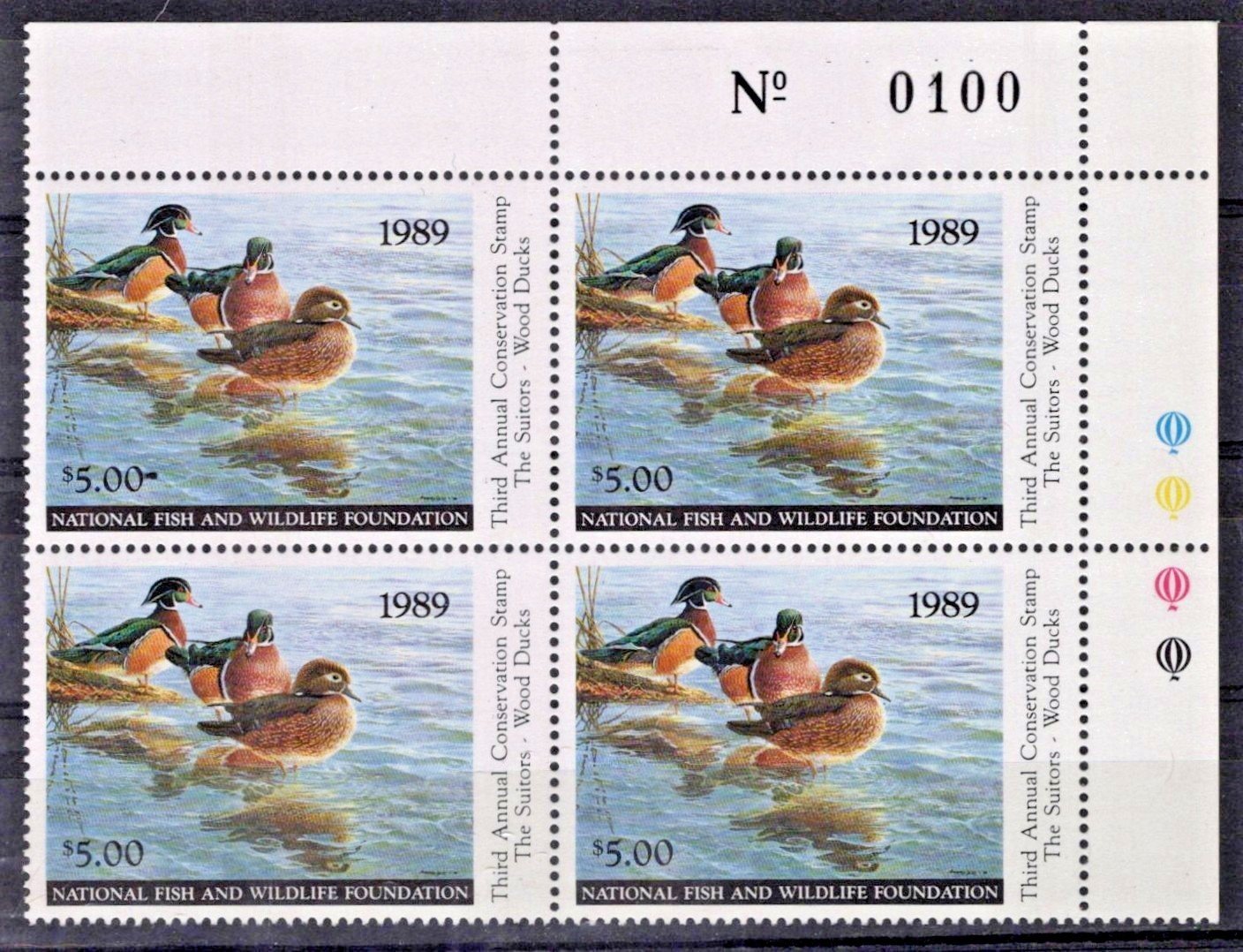 Nat. Fish & Wildlife Foundation Plate Block NFWF3 MNH 1989 $5 Wood Ducks ZAYIX