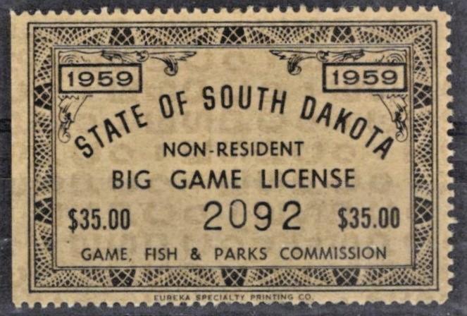 South Dakota SD-BGN1 MNH 1959 $35 Non-Resident Big Game License ZAYIX