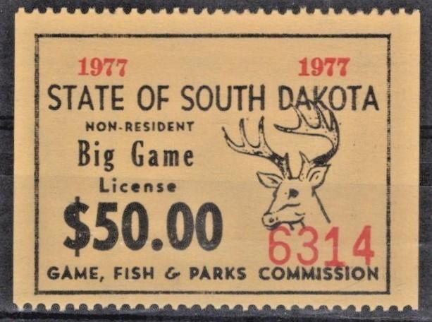 South Dakota SD-BGN19 MNH 1977 $50 Non-Resident Big Game License ZAYIX
