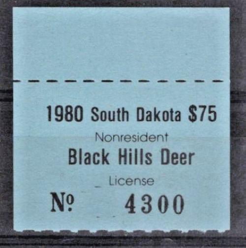 South Dakota SD-DBN1 MNH 1980 $75 Non-Resident Black Hills Deer License ZAYIX