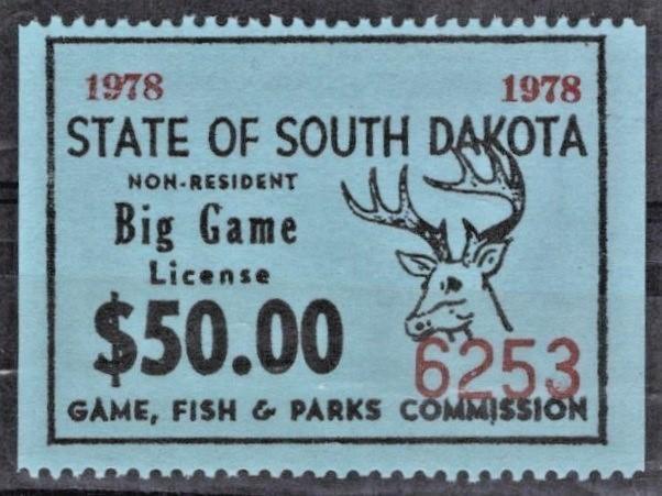 South Dakota SD-BGN20 MNH 1978 $50 Non-Resident Big Game License ZAYIX