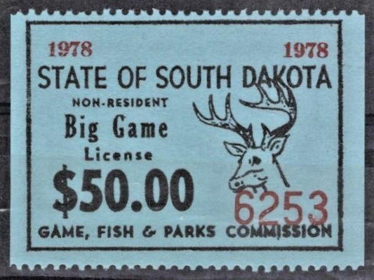 South Dakota SD-BGN20 MNH 1978 $50 Non-Resident Big Game License ZAYIX